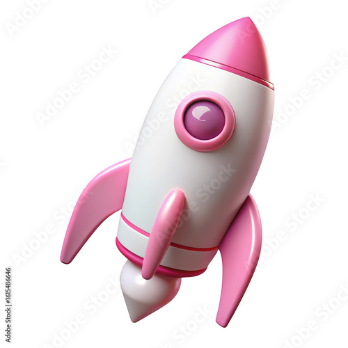 Cute pink and white rocket ship illustration for kids space exploration and adventure theme design 3d