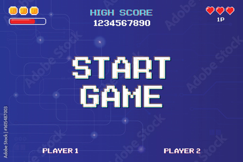 START GAME. pixel art .8 bit game. Retro Futurism Sci-Fi Background. glowing neon grid. and stars from vintage arcade computer games	