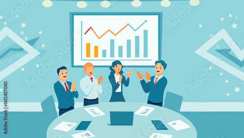 Business meeting with chart on wall and four people clapping around a table with documents and a laptop