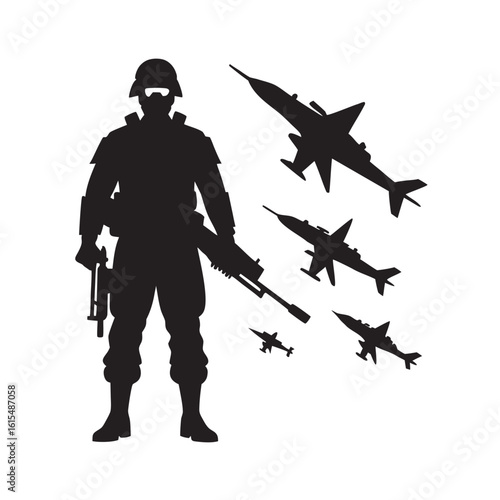 Soldier Watching Fighter Planes Silhouette