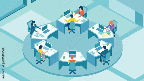 Isometric view of office space with people working at desks in a circular arrangement in a light blue room