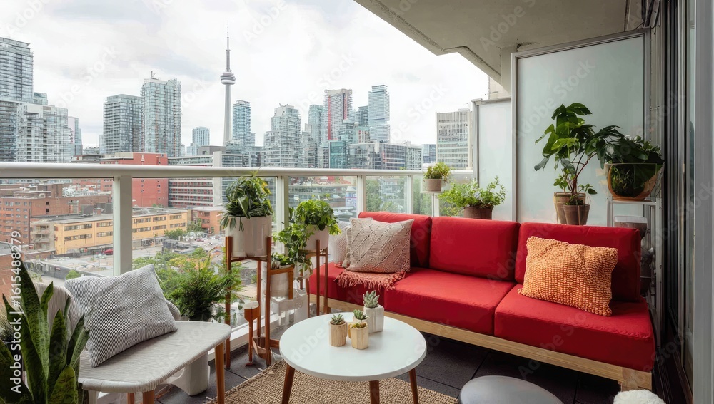 Fototapeta premium Urban balcony with city view, comfy seating and greenery