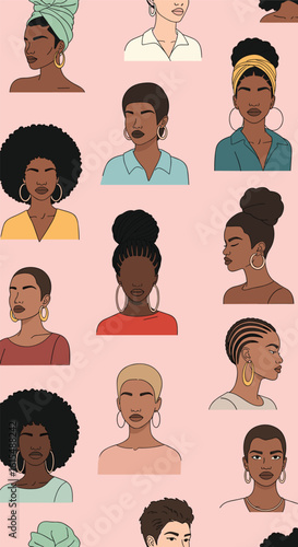 Diverse collection of people featuring different hairstyles and facial features creating a unique artistic representation