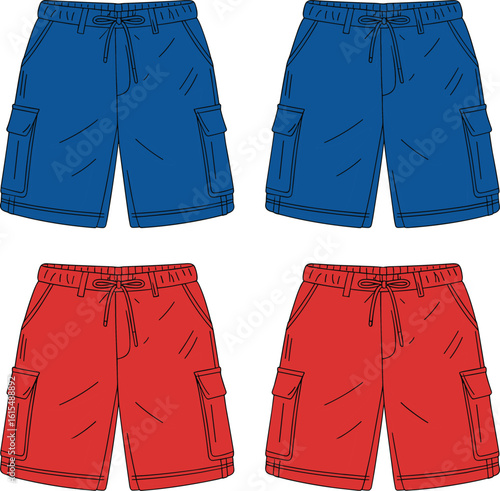 Boys cargo shorts vector, elastic waistband, drawstring detail, side pockets, front and back view, cad flat sketch illustration template