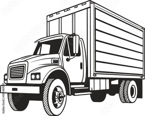 Vector art of a black and white vector illustration of a delivery truck transporting cargo on the road