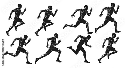 Vector art of a sequence of eight black silhouettes of a male runner in midstride, capturing the dynamic motion of sprinting
