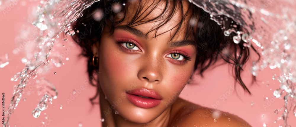 Fototapeta premium A woman with green eyes and pink lips is standing in a spray of pink water. The water is coming from a fountain or a hose, and it is covering her face and hair. She is wearing a pink lipstick