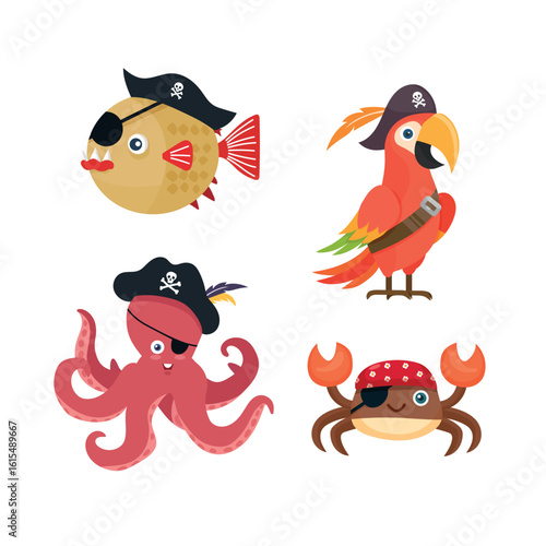 Animals pirates, octopus, crab, fish, parrot. Flat vector clipart, illustration with isolated background.