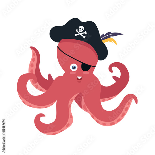 Pirate Octopus. Flat vector clipart, illustration with isolated background.