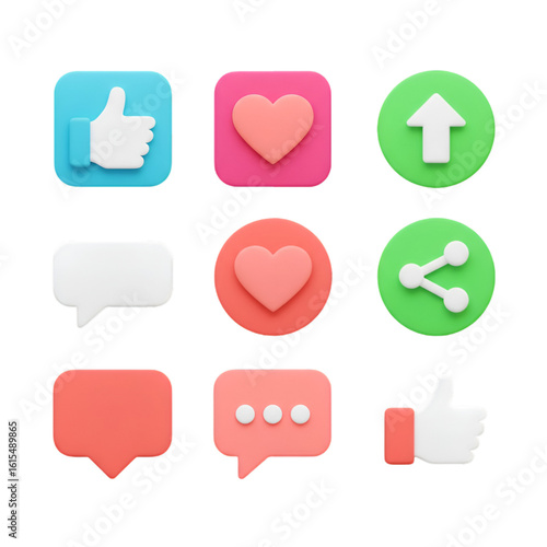 3d Rendered Icon Set With Like Heart Share Comment Bubbles on Transparent Background