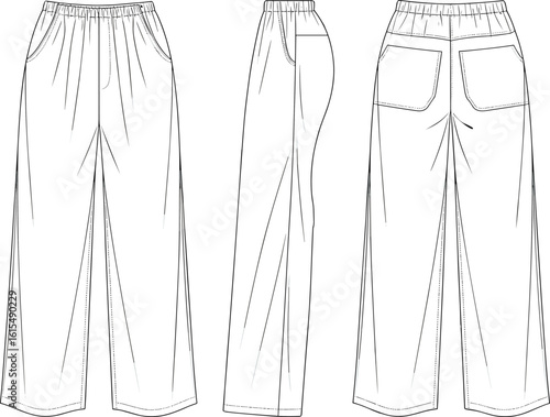 CAD drawing flat vector illustration of wide leg pants, front side back view, fashion technical sketch, comfortable casual trousers