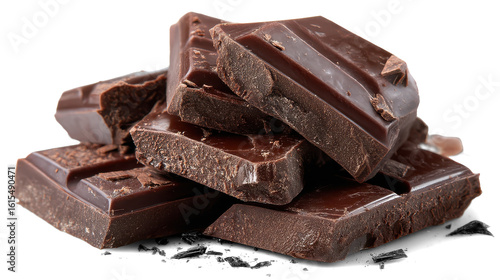 Broken chocolate pieces on white background