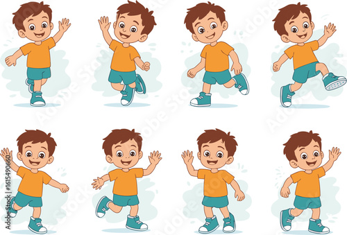 Cartoon boy in different walking poses, kids character animation set, happy child illustration, playful pose vector, cute children design