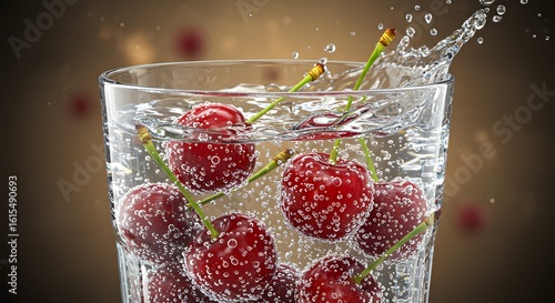Cherries floating in sparkling water, wellness and refreshment theme