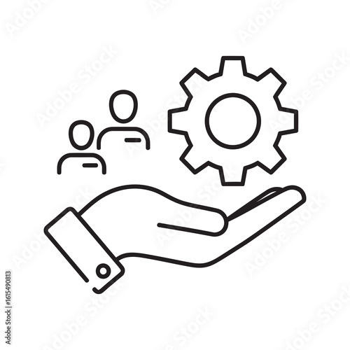 Service management icon with hand holding gear and people representing human resource technology and team support system for business line vector stroke