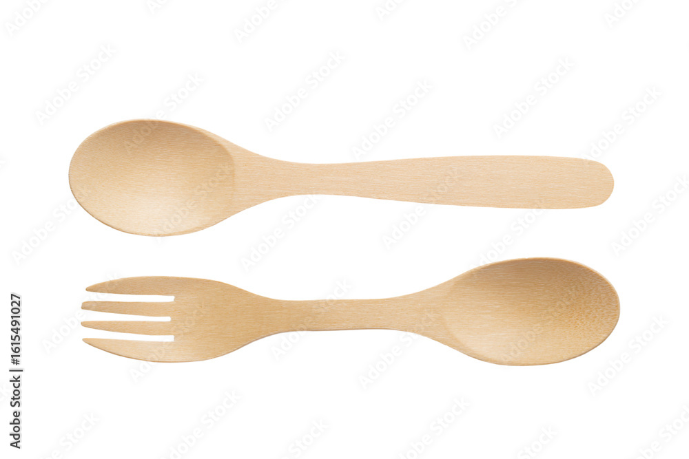 two wooden spoons and a fork on a white surface two wooden spoons and a fork on a white surface
