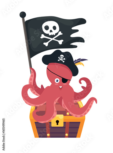 Pirate Octopus. Flat vector clipart, illustration with isolated background.