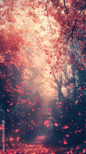 Falling Leaves in Autumn Forest with Light Rays Filter Through
