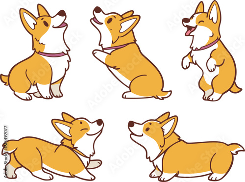 Vector art of a group of adorable corgi dogs in various poses and expressions create a playful scene