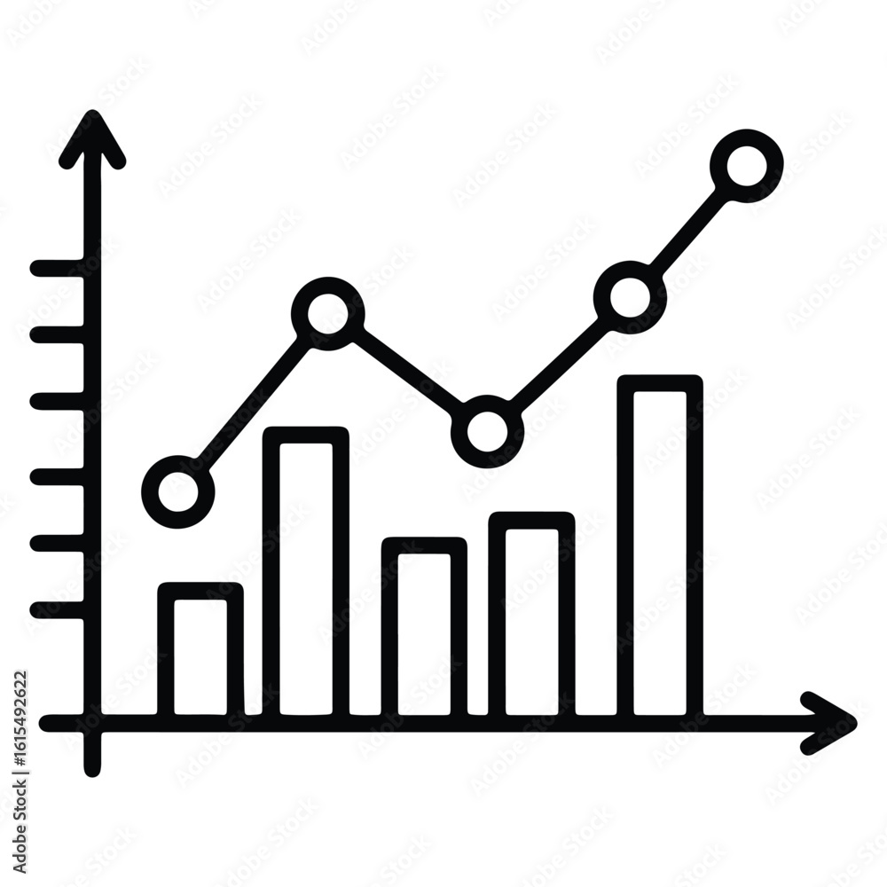 Black outline illustration of a rising trend line and bar graph representing data visualization Black outline illustration of a rising trend line and bar graph representing data visualization