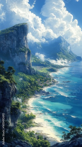 Coastal Cliff Overlook with Turquoise Water and Lush Greenery
