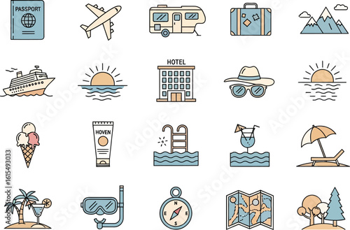 Collection of flat travel and vacation icons representing different modes of transport and activities
