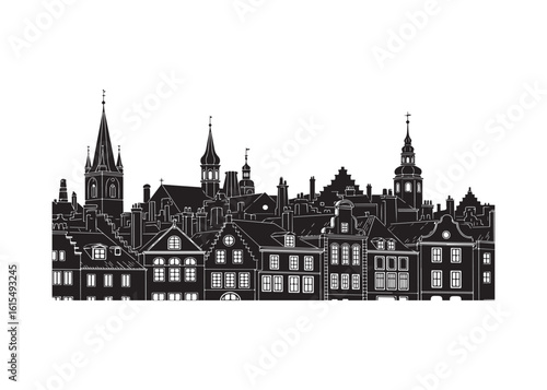Cityscape Silhouette of European Old Town with Historical Buildings Towers and Rooftops Against White Background Architectural Vector Illustration