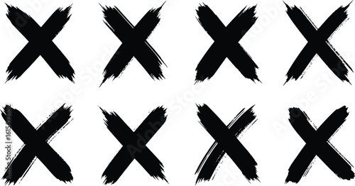 Eight black brush stroke x marks arranged in two rows on white background