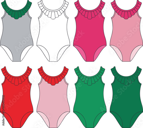 Colorful girls swimsuit collection, vector illustration, fashion flat sketch, ruffle neckline bodysuit, kids swimwear design template, front view