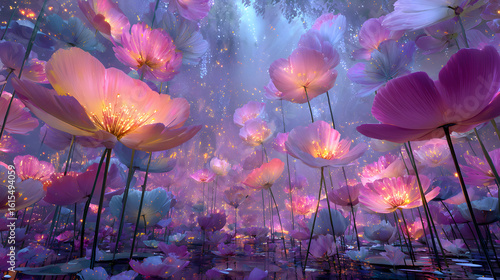 Fototapeta Naklejka Na Ścianę i Meble -  Dreamy enchanted garden with floating glowing flowers in soft pink and violet mist