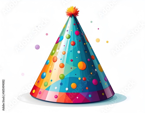 Colorful party hat with geometric patterns and polka dots, topped with a pom-pom, isolated on a white background.