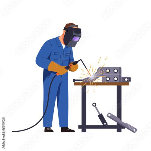 Welder in Protective Gear Performing Arc Welding