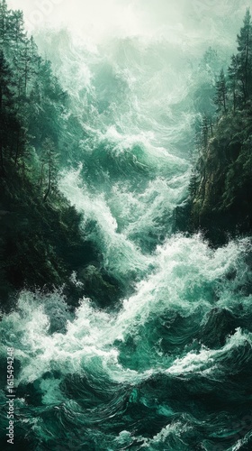 Raging River Flowing Through Forest Gorge Scenic Landscape