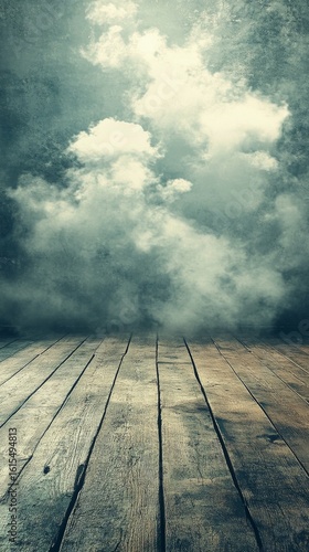 Wooden Floor and Cloudy Sky Background with Mystical Atmosphere
