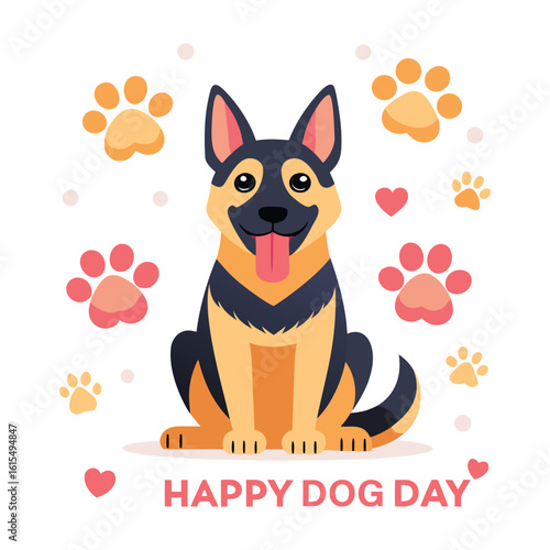 Happy dog day illustration featuring a cheerful german shepherd dog sitting surrounded by colorful paw prints and hearts celebrating canine companionship and pet love