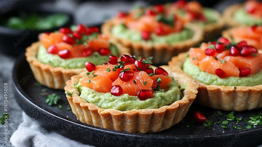 Delicious salmon and avocado tarts garnished with pomegranate seeds. Delicious salmon and avocado tarts garnished with pomegranate seeds.