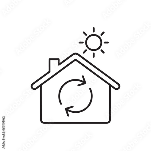 Sustainable home icon with recycle arrows and sun representing energy efficient house renovation and eco friendly living for conservation line vector stroke