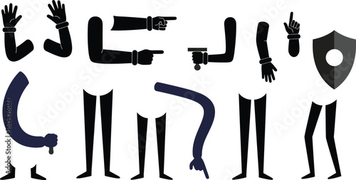Collection of cartoon body parts for character creation including arms legs sword and shield