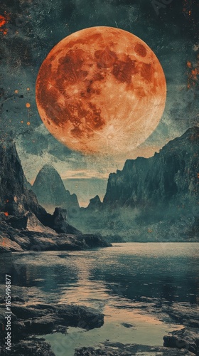 Orange Moon Over Water Landscape with Mountains and Rocks