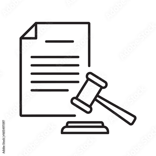 Legal document icon with judge gavel representing court order legislation law and official business contract agreement for legal service line vector stroke
