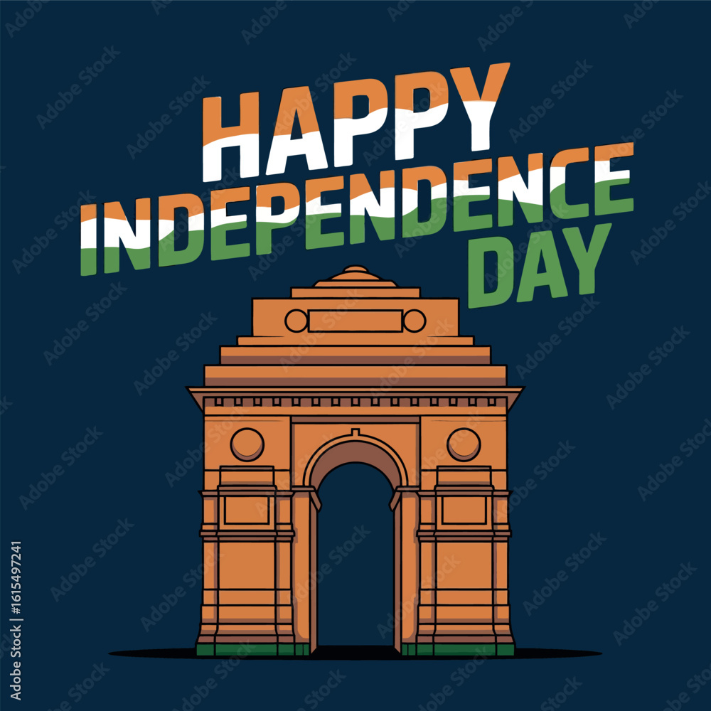 Obraz premium Happy Independence Day, India Gate illustration, national pride, Indian flags, Independence Day celebration, India independence, patriotic design