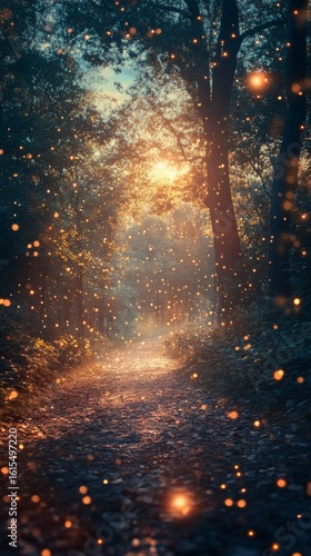 Walking on a Forest Path with Sunlight and Floating Lights