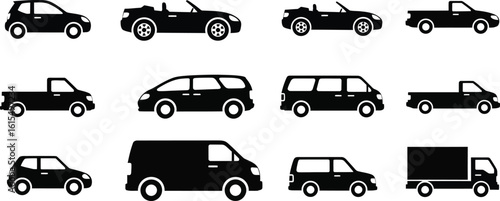 Collection of diverse vehicle silhouettes including cars trucks and vans