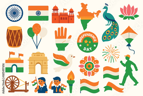 Independence Day icons, Indian culture symbols, patriotic illustrations, India celebration, national symbols, Independence Day vector, national pride, Indian heritage