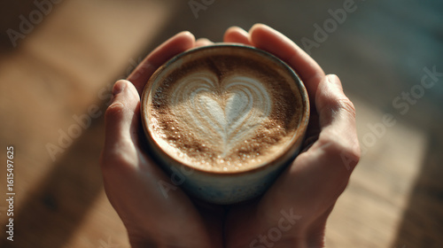 Close up of hands holding a cup of coffee with a heart design in the foam on a blurred background