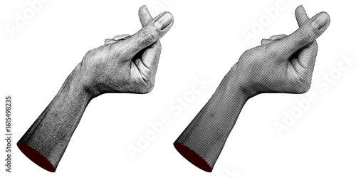 2 style Halftone hands collection. Halftone hands show the love sign . Stylish halftone collage design elements. Hand gestures in pop art style. Transparent background
