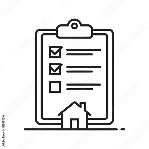Home inspection checklist icon on clipboard with house symbol representing property management tasks and real estate survey for maintenance line vector stroke