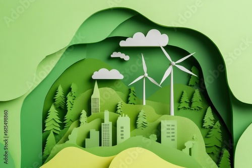 Paper cut art green landscape with city buildings, wind turbines and renewable energy concept