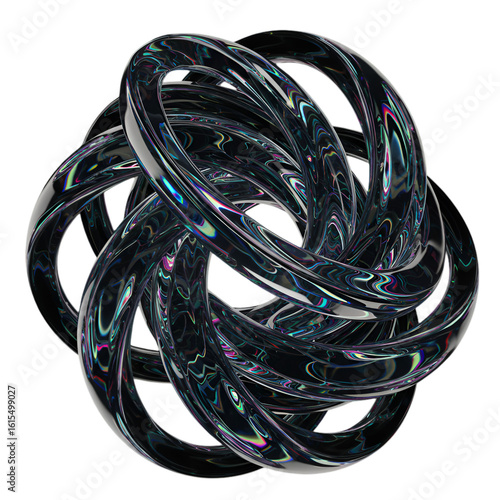 Abstract 3D Rendered Loop Design with Glossy Black Surface and Transparent Background
