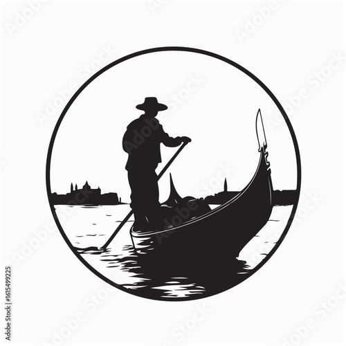 Black and White Vector Silhouette of Venice Gondola with Gondolier on Peaceful Canal Water